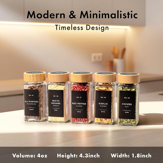 Glass Spice Jars with Label, 36x Bamboo Wooden Lids - Black Labels | Airtight Lids keep spices fresh, Kitchen Spice Drawer Organizer, 4oz Seasoning Containers incl. Funnel, Brush & 240 Labels