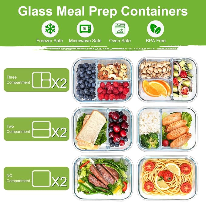 6 Pack Glass Storage Containers with Lids, 1 & 2 & 3 Compartments | 6-Pack Divided Glass Food Storage Containers, Airtight Leakproof, BPA-Free, Microwave/Dishwasher/Freezer Safe, Stackable