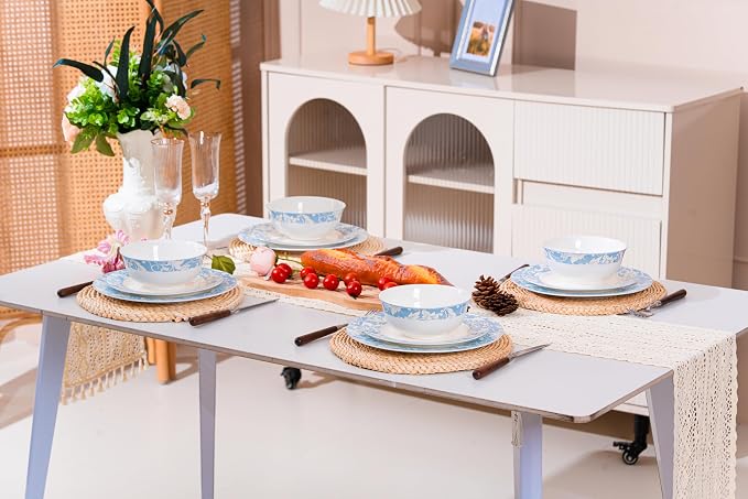 FHGNYSM 12-Piece Porelain Dinnerware Set, Light Blue | 12-Piece Plates and Bowels set, Vitage Scroll Pattern, Elegant Classic Kitchen Dish Set for Wedding, Party & Everyday Use