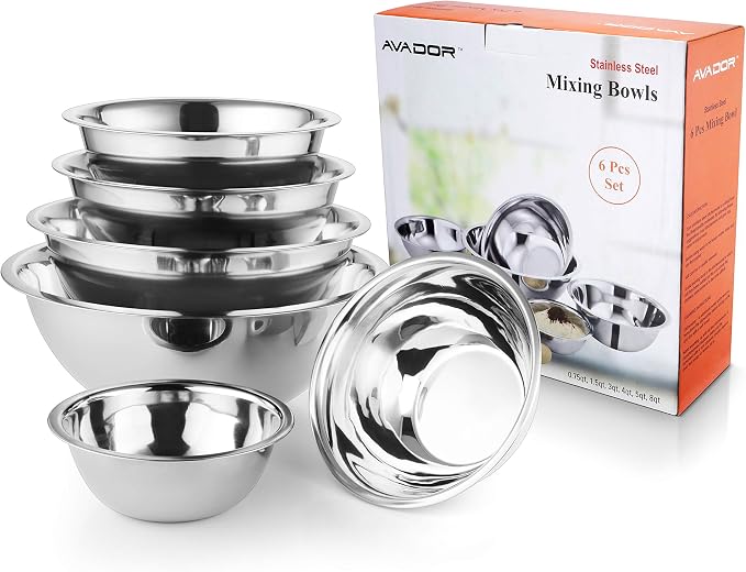 Set of 6 Premium Stainless Steel Mixing Bowls Set, Easy To Clean, Space Saving Nestable Design, Great for Cooking, Baking, Prepping (0.75qt, 1.5qt, 3qt, 4qt, 5qt, 8qt)