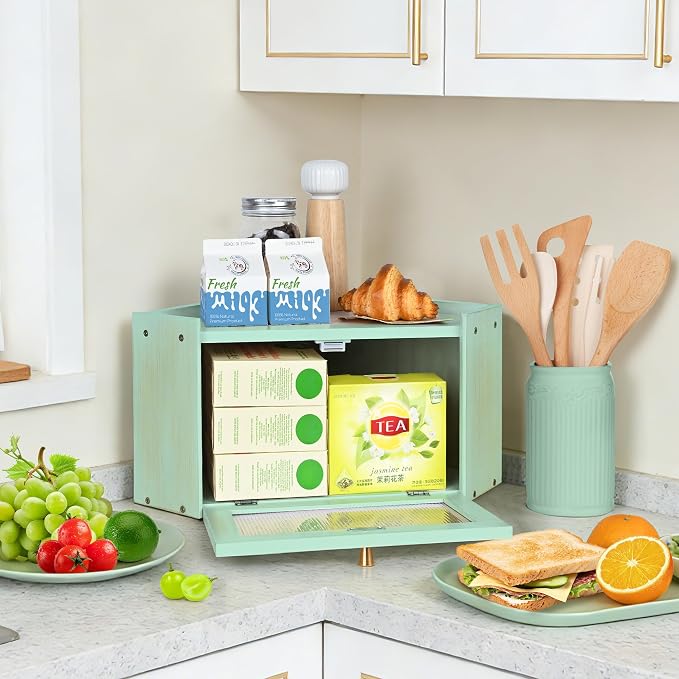 Bread Box for Kitchen Countertop with Acrylic Window Green | Farmhouse Bread Storage Container, Large Pantry Organizers for Homemade Snacks, Loaves, Breathable Keeps Bread Fresh