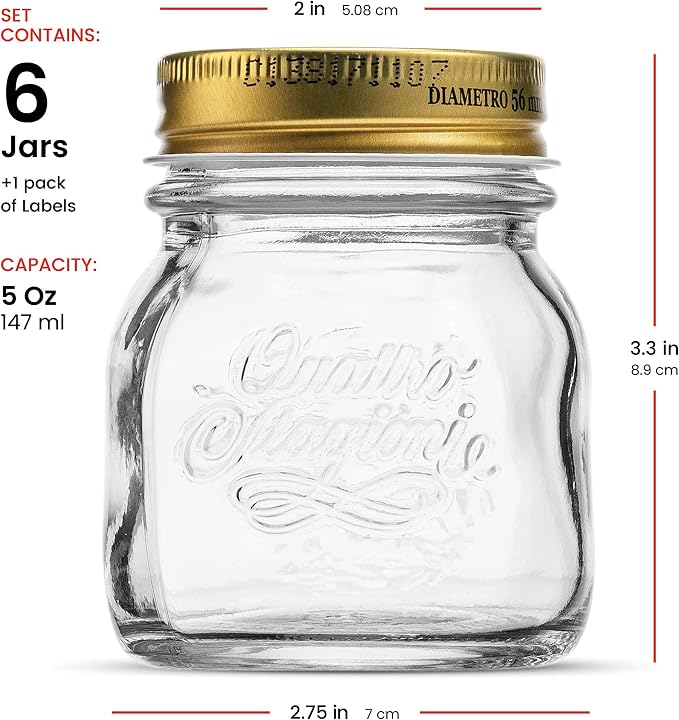 Bormioli Rocco Quattro Stagioni Small Glass Mason Jars 5 Ounce Mini Jars (6-Pack) with Metal Airtight Lid, For Jam, Jelly, baby food, Crafts, Spices, Dry Food Storage, Wedding favors, Decorating Jar