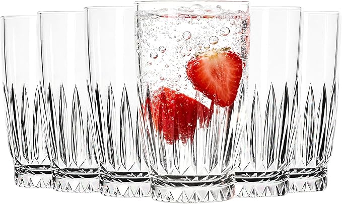 Highball Glasses Set of 6-12 OZ Drinking Glasses - Elegant Diamond Cut Tall Glass Cups for Water, Cocktails, Beer, Juice