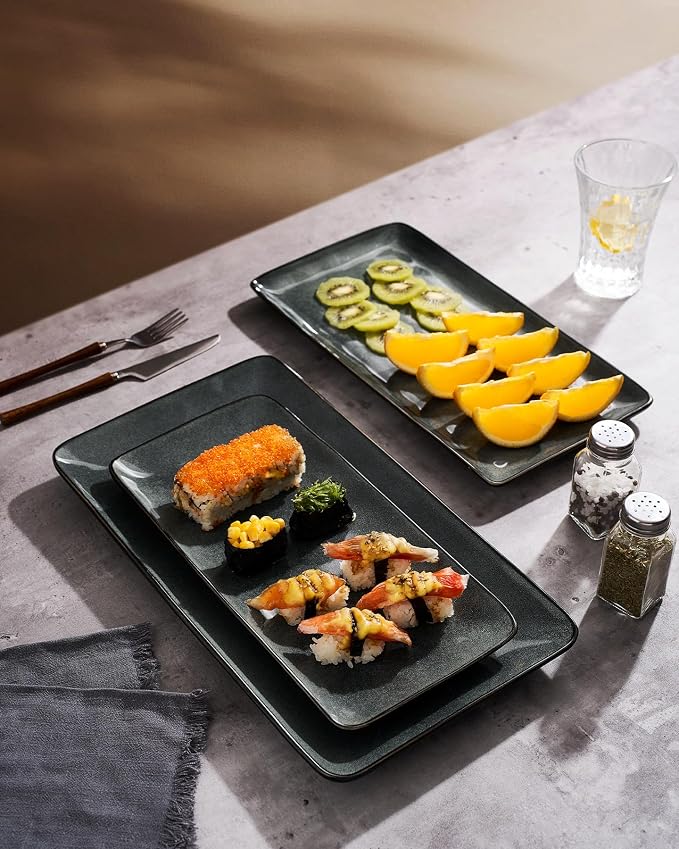 Famiware Serving Platters Set of 3 Sizes - Rectangular, Deep Forest | 15.67"/14.1"/12.6" Fine Stoneware Serving Trays for Party, Entertaining for Food, Turkey, Cheese, Microwave Dishwasher Safe
