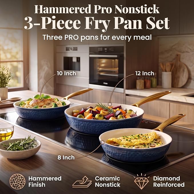 GOTHAM STEEL Hammered 3 Pc Nonstick Frying Pans Set, Cream | 8, 10, 12" Fry Pans, Heavy Duty 3.0MM Gauge, Non Toxic PFOA/PFOS/PTFE Free, Induction Compatible, Oven and Dishwasher Safe