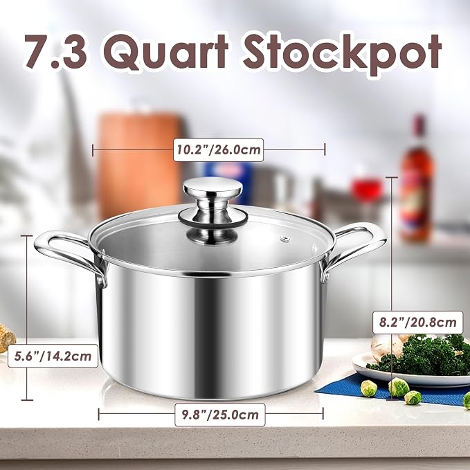 Herogo 7.3 Quart Stock Pot, 18/10 Stainless Steel Cooking Pot with Lid, 7.3 QT Pasta Stockpot with Handles, Tri-Ply Stockpot for Induction Gas Electric Stove, Dishwasher Safe