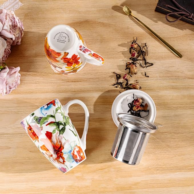 GBhome Tea Mug with Infuser and Lid,18 Ounce Ceramic Loose Leaf Cup Steeper | Lead-Free Glaze For Tea Lovers,Microwave & Dishwasher Safe with Tea Strainer