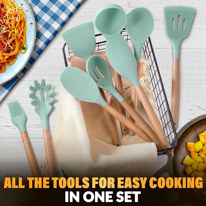 12 Pcs Kitchen Accessories Set with Holder, Silicone Heads (Light Green) | Kitchen Utensils Set for Cooking and Baking; Wooden Handles; Heat-Resistant up to 446°F; Non-Scratch for Nonstick Pans