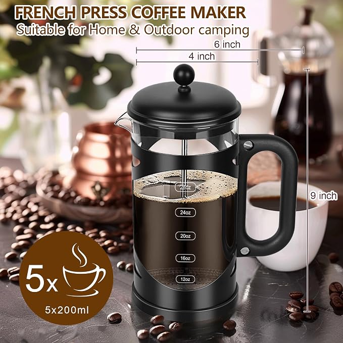 YMMIND 34 Ounce French Press Coffee Maker Black Stainless Steel Coffee Press, with 4-Level Filter System, Heat Resistant Thickness Borosilicate Glass, BPA-Free Brewed Coffee Pot for Camping Gifts