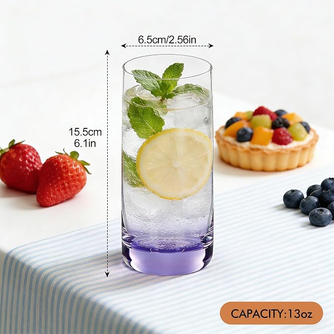 Purple Highball Glasses Set of 6, Drinking Glass for Mixed Drink | 13oz ,Cups for Cocktail, Beer, Mojito, Water and Juice,Thick Tall Glassware for Kitchen, Restaurant, Home Bar and Parties