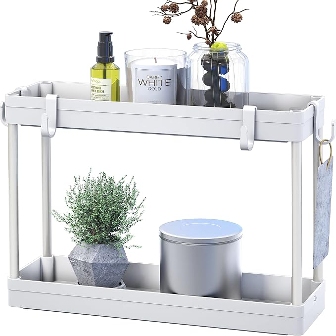 Simple Houseware 2-Tier Under Sink Organizer Storage Tray with Hooks, White