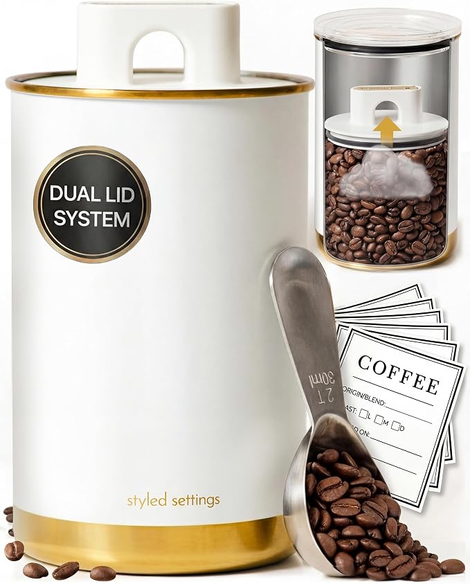 STYLED SETTINGS Vacuum Coffee Canister with Airtight Lid, White and Gold | Stainless Steel, BPA Free, Food Grade, White and Gold Design, Vacuum Effect, Air Tight