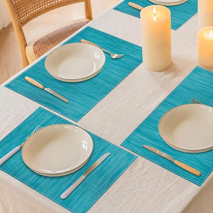 Teal Blue Placemats Set of 6, 12x18 Inch Washable Easy to Clean Heat-Resistant Anti-Skid Teal Blue Placemats for Holiday Party Kitchen Dining Room Decoration