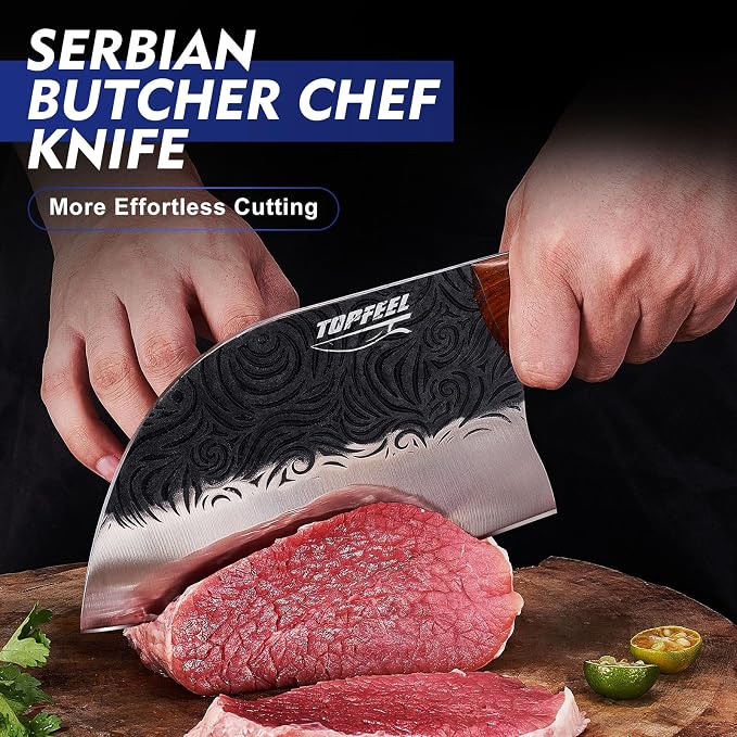 Topfeel 5PCS Hand-Forged Butcher Knife Set, High Carbon Steel | 7-inch chef and slicer, 7.5-inch cleaver and boning knives, 8-inch butcher knife, full-tang rosewood handles, gift box