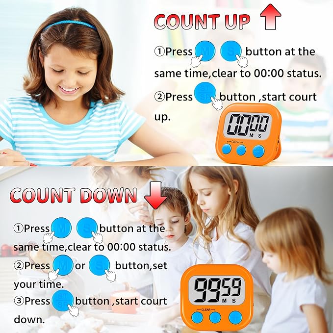 Timer for Kids Digital Kitchen Timers for Cooking- 4 Pack Orange Green | Countdown Timer for Classroom Study Exercise Teacher Supplies, Strong Magnetic, Loud Alarm, Large Screen, Fast Reset, Memory