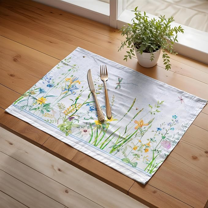 Maison d' Hermine Placemats Set of 4 Reusable 100% Cotton (13"x19") | Cloth Place Mats Washable Table Mats for Kitchen Dining Party Wedding Hotel Home Restaurant Spring Summer - Fleurs De Mai