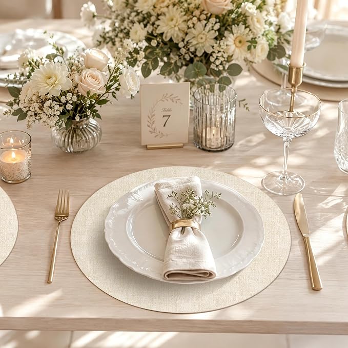 Maxpearl Faux Leather Round Placemats Set of 6, 13.8 inch, Beige | Waterproof, Heat Resistant, Non Slip, Wipe Clean Dining Table Place Mats, Suitable for Indoor & Outdoor Use, Table Settings
