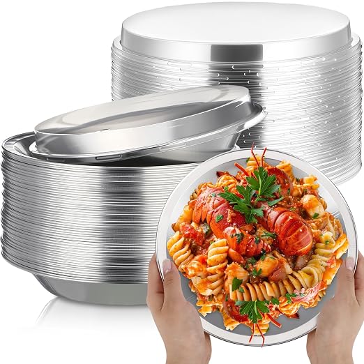 9 Inch Heavy Duty Aluminum Pie Tins Bulk with Lid, Oven and Freezer Safe Disposable Pie Pizza Pan Dessert Baking Cups for BBQ Camping Graduation Father's Day Party Favors(25 Pack,Silver)