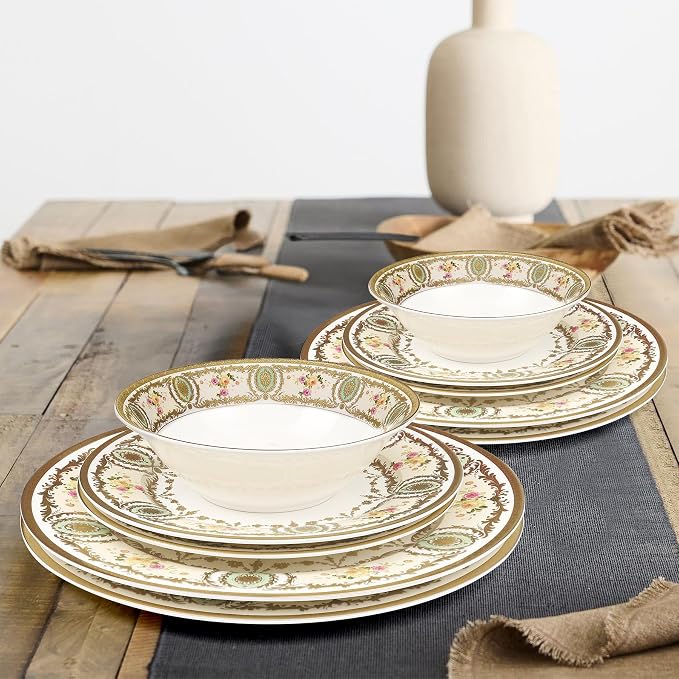 Dinnerware Set, 12 Piece Bone China Dinnerware Sets Service for 4, Plates and Bowls Set, Gold with Floral Trim