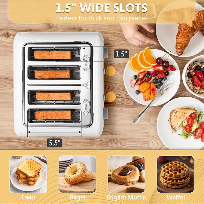 BUYDEEM DT640 4-Slice Toaster, 7 Shade Settings, Extra Wide 1.5’’ Slots for Bagel & English Muffin, 6 Toasting Functions, Retro Stainless Steel Toaster with High Lift Lever, 1800W, Arctic White