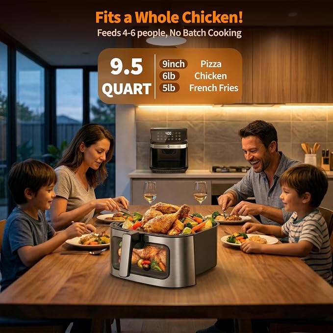 9.5Qt Large Air Fryer Oven, 12 Digital Preset Airfryer Toaster Oven Combo with Touchscreen, Non Toxic Stainless Steel Air Fryer with Viewing Window, XL Capacity Basket Style Airfryer for Family, Black