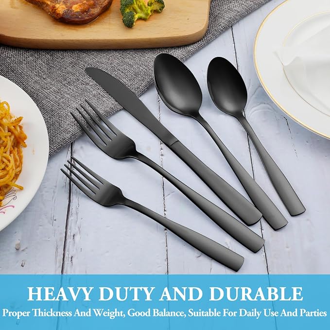 60 Pcs Black Silverware Set, Stainless Steel Flatware Set Service for 12, Mirror Polished Cutlery Utensil Set, Durable Home Kitchen Eating Tableware Set, Include Fork Knife Spoon Set, Dishwasher Safe