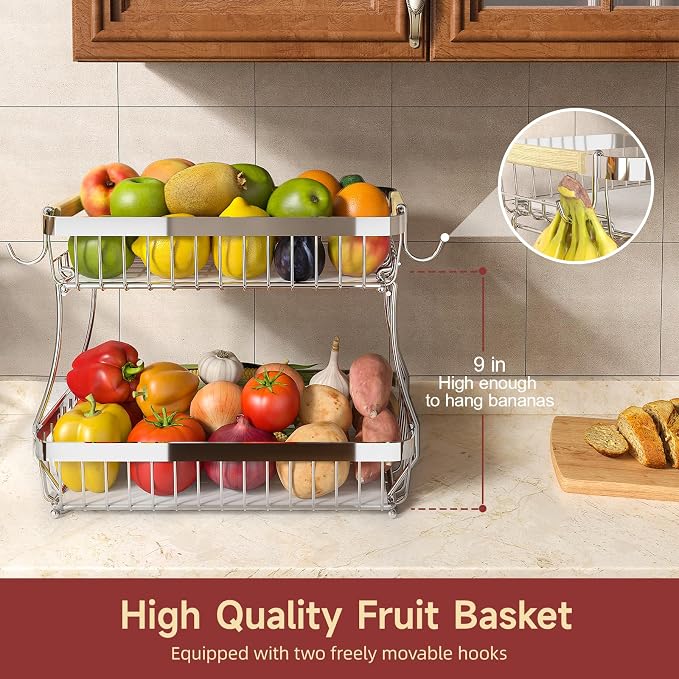 2-Tier Fruit Basket with Banana Hangers, Detachable Metal Bowl | Wooden handle, protective mats included. Versatile holder for bread, snacks, and veggies. Large 2 tier metal design.