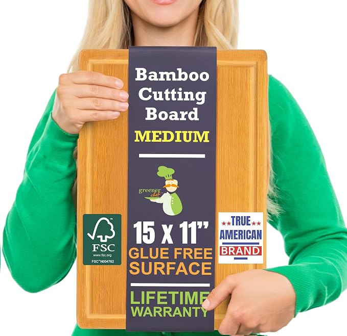 Bamboo Cutting Board – 15 Inch Wood Cutting Boards for Kitchen with Glue-Free Surface™ & Juice Groove – Non-Toxic, FSC-Certified, Durable Wooden Chopping Board - Rectangle
