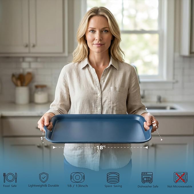 KINGEN 2-Pack Navy Blue Bamboo Fiber Serving Trays - 18×13-inch Extra Large w/Handles Tray, Platters for 4th of July, Christmas, BBQ, Picnic, Outdoor Dining - Durable, Lightweight (Classic Blue)