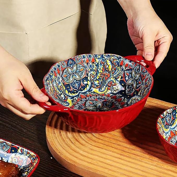 2 Pack Boho Ceramic Serving Bowls with Handles, 40 Oz Porcelain Salad Bowls, Large Serving Dishes for Entertaining, Mixing Bowls for Soup, Stew, Pasta, Cereal, Colorful Embossed Cute Bowls Set SH