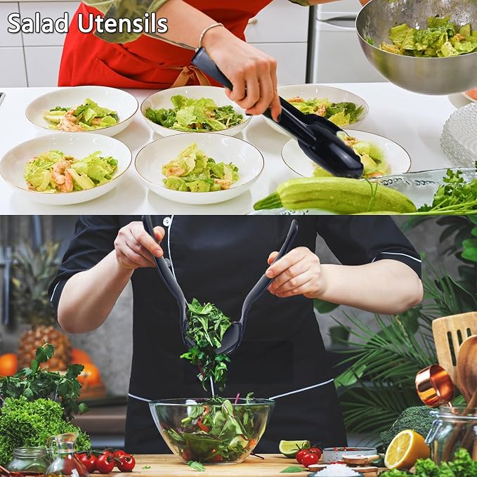 24Pcs Black Plastic Serving Utensils, Spoons Forks and Tongs Set | Disposable party serving utensils for dinner parties, buffets, salad, noodles, soup and weddings, black serving supplies