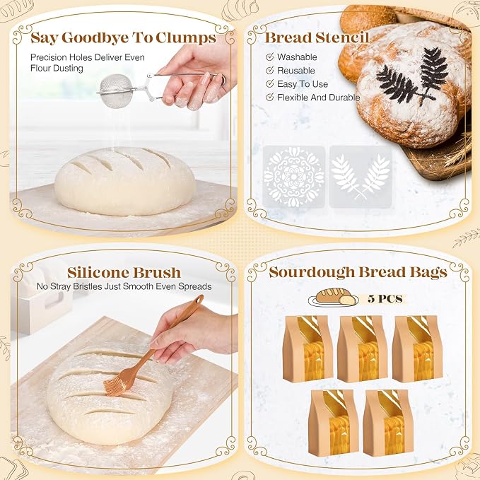 Sourdough Starter Kit Complete Set with Dutch Oven and Scale | 9" Round & 10" Oval Proofing Baskets, Sourdough Bread Baking Supplies, Beginner Kit Gifts for Bakers Women Wife Mom