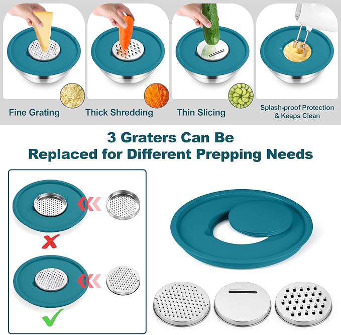 TeamFar Mixing Bowls, Stainless Steel Salad Bowl with Lid & Graters -Blue | 6 PCS for Kitchen Baking Serving Prepping, Container for Dough Veggie Fruit, Non-Slip & Nesting, 4.6 /3.5 /2 /1.5 /1 /0.7 QT