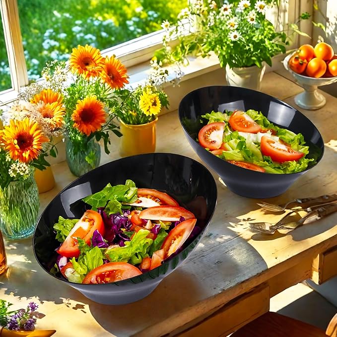 bUCLA 12 Pack Black Plastic Serving Bowls - 20 OZ Angled Bowls Disposable for Chip,Candy,Salad and Fruit - Ideal for Wedding, Party & Graduation