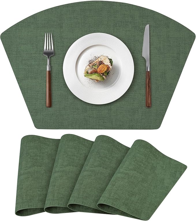 Round Table Placemats Set of 4, Faux Leather Wedge Shape Place Mats Heat Resistant Wipeable Washable Table Mats for Dining Outdoor Indoor, Green