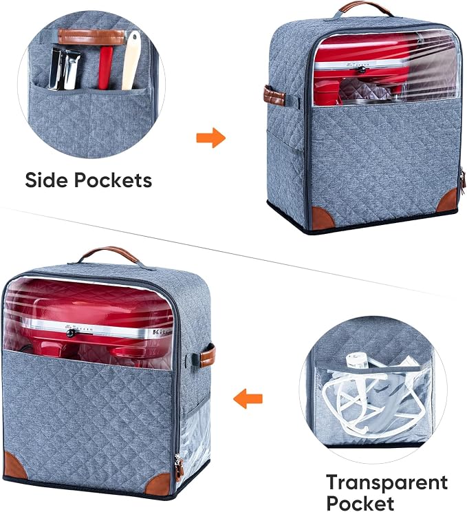 BAGSPRITE Stand Mixer Cover with Appliance Sliders Base Compatible with KitchenAid Mixer-Storage Bag for 4.5/5 Quart with Pockets for Kitchen Aid Accessories and Attachments