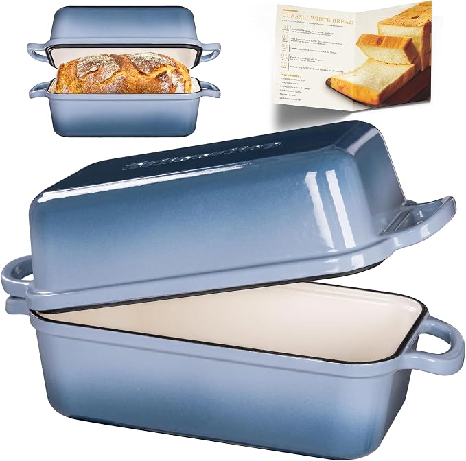 Cast Iron Loaf Pan with Lid, 9x5 Loaf Pans for Homemade Bread | Cast Iron Bread Pan for Sourdough Baking, 9x5 Loaf Pan with 2-In-1 Design, Even Heat Distribution, Sea Salt Enameled