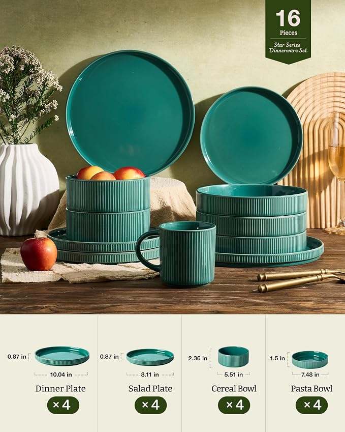 Famiware Star Stoneware Dinnerware Sets with Pasta Bowls, 16pc Dishes for 4 | Ceramic Flat Plates and Double Bowls. Chip & Scratch Resistant. Microwave & Dishwasher Safe, Everyday & Party Use, Sage Green