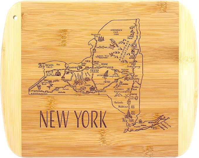 Totally Bamboo A Slice of Life New York Engraved Map Cutting Board | 11” x 8.75” charcuterie board with engraved state map artwork. Smooth reverse side for food prep. Hang tie for wall display.