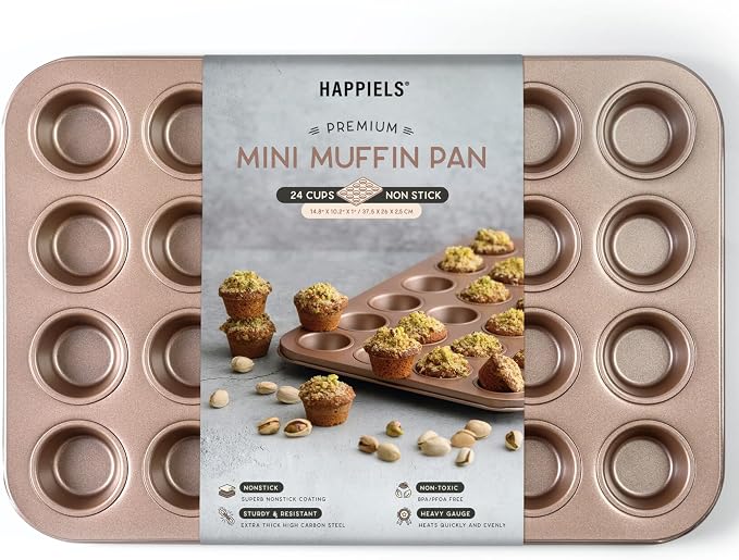 24 Cup Mini Muffin Pan Nonstick, PFOA & BPA Free | | Non-Toxic - High Carbon Steel - Gold - Small Cupcake Tin for Oven Baking