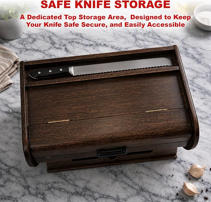 KNIFEPLANET Premium FULLY ASSEMBLED Rustic Bread Box – Extra Large Real Wood Bread Box for Kitchen Countertop Storage, Thick Durable Construction, Double Layer Design (17.5" x 10" x 12")