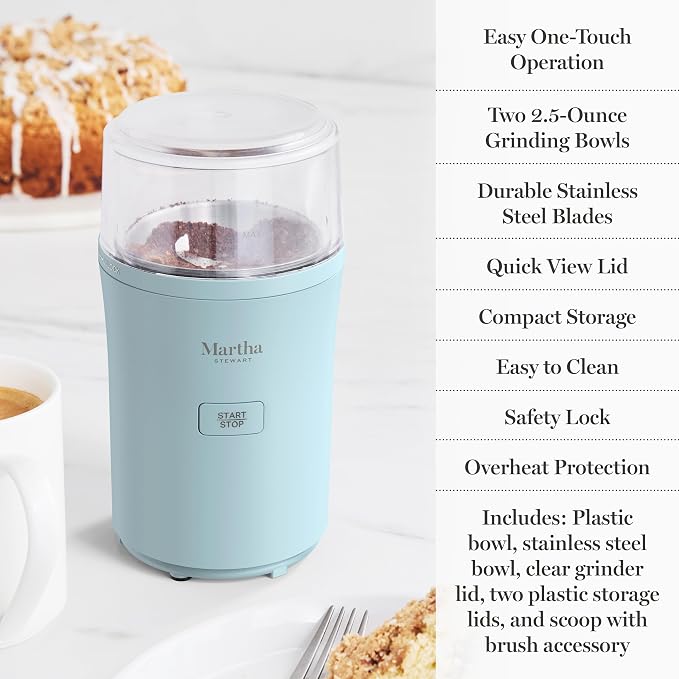 Martha Stewart Electric Coffee & Spice Grinder with Dual Bowls, Sky Blue | Dual 2.5oz Removable Bowls for Coffee Beans, Nuts, Herbs & Spices, Stainless Steel Blade, One-Touch Pulse Control, Easy Clean