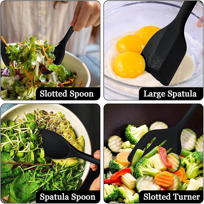 LIANYU Non-Toxic Cooking Utensils Set of 8, Silicone Black Kitchen Utensils | Healthy Kitchen Tools for Non-Stick Cookware, with Spatula & Spoon, Stainless Steel Core, Healthy & Heat Resistant