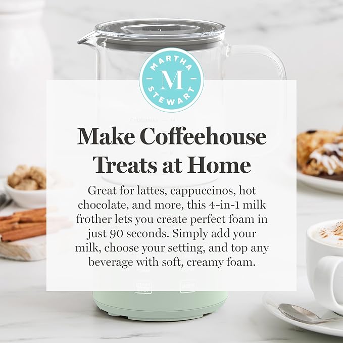 Martha Stewart 10oz Milk Frother & Steamer, 4 Presets, 300ml Glass Pitcher | Light, Dense, Cold Foam & Hot Chocolate, Ready in 90 Seconds, Cordless Pouring, Runs Quiet, Almond, Soy & Oat Milk, Honeydew