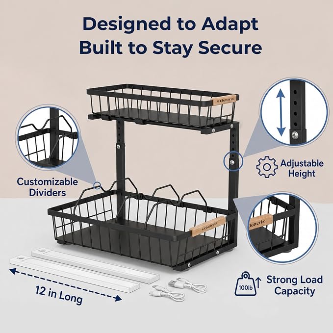 Under Sink Organizer with Motion-Activated LED Lights, 2 Pack, 2 Tier Sliding L-Shaped Carbon Steel Rack with Adjustable Height, Dividers & Hooks (Black)