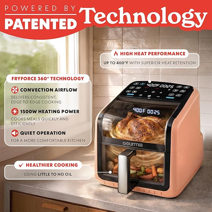 Gourmia Air Fryer 7 QT - Easy View Panorama Window & Interior Light, Guided Cooking with 12 One-Touch Presets, FryForce 360, Dishwasher Safe Accessories, Peach