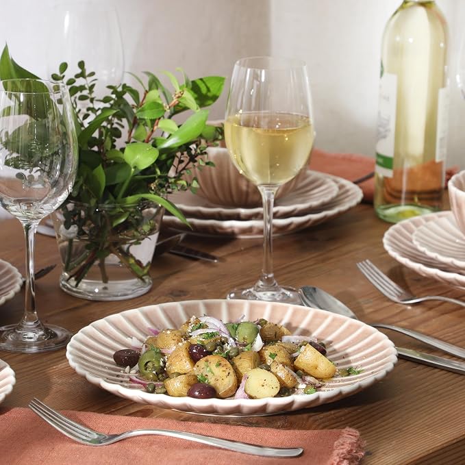 Gibson Elite Peach Orchard 12-Piece New Bone China Dinnerware Set Service for 4, Embossed Fluted Plates and Bowls, Dishwasher and Microwave Safe, Mauve Rose