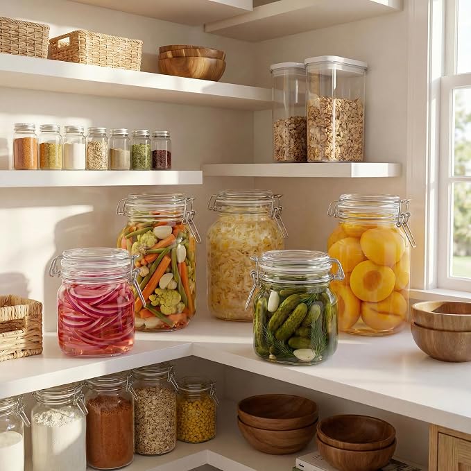 Square Glass Jars with Airtight Lids, Mason Jar with Clamp Lids Multi 5Pack | Air Tight Glass Food Storage Containers with Lids Keep Food Dry & Fresh, Best Canister for Flour, Sugar, Cereal, Rice, Coffee