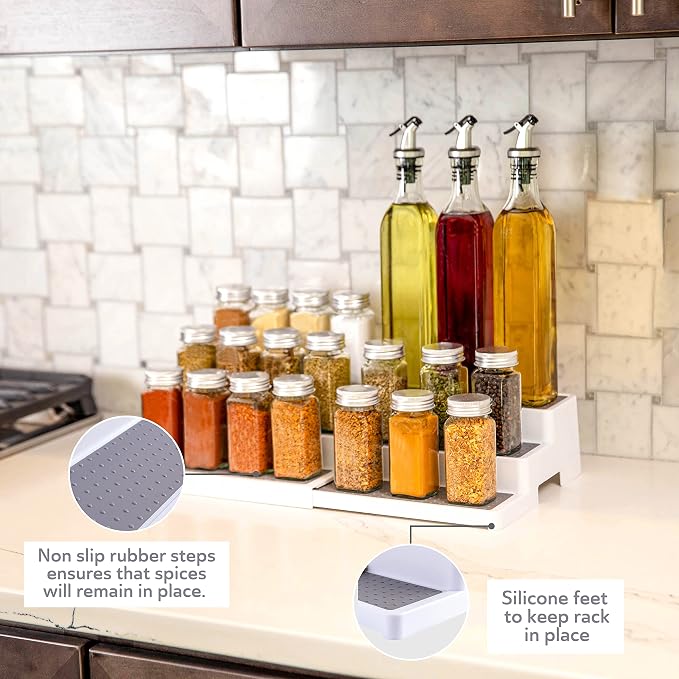 Oizeir 3-Tier Expandable Spice Rack Organizer for Cabinet, White/Grey | Expandable Plastic Spice Rack Organizer, Adjustable Length 3 Tiers, Non-Skid Shelf, Cabinet Pantry Countertop, White/Grey