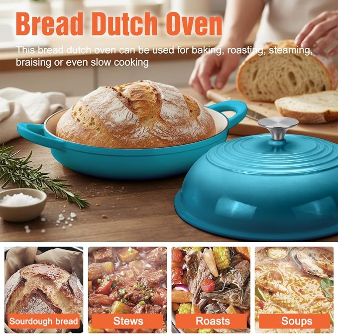 6 QT Enameled Cast Iron Round Bread Oven, Sourdough Dutch Oven | Bread Oven for Homemade Sourdough Bread Baking, Bread Pot with Dome Lid, Gift for Sourdough Baker, 500°F Oven Safe, Bluegreen